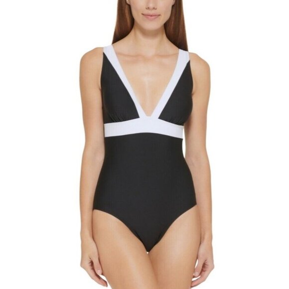 DKNY Womens Size 8 Black White Trim‎ Plunge Colorblock One-Piece Swimsuit NWT - Picture 1 of 8